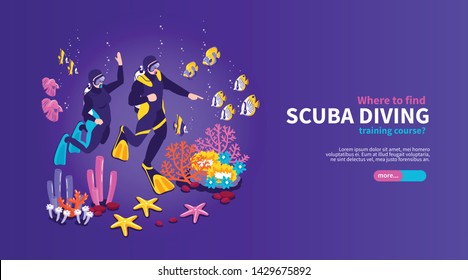 Scuba diving training isometric horizontal web page banner with colorful underwater world divers equipment background vector illustration 