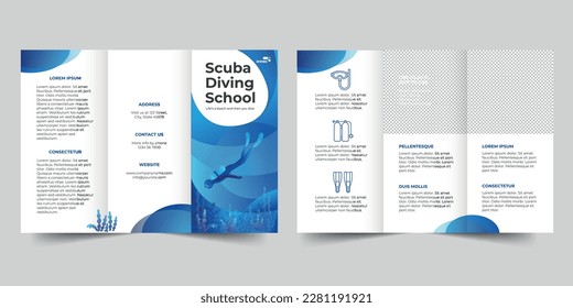 Scuba Diving trifold brochure template. A clean, modern, and high-quality design tri fold brochure vector design. Editable and customize template brochure