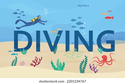 Scuba diving typographic header, underwater life concept - flat vector illustration. Character of scuba diver swimming with fishes in coral reef and seaweed. Sea bottom cartoon drawing.