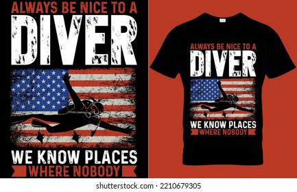 scuba diving typography t-shirt design with editable vector graphic. always be nice to a diver we know places where nobody find you .