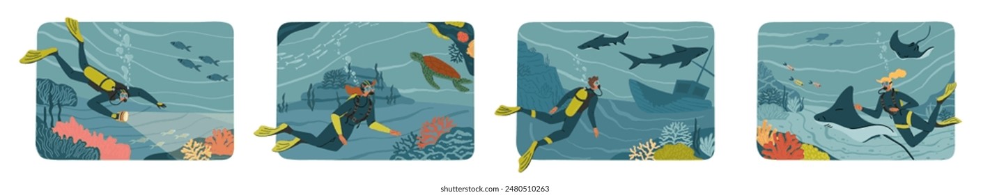 Scuba diving underwater activity cartoon scene set