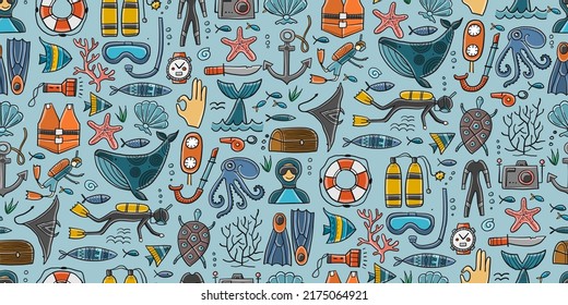 Scuba Diving, underwater activity. Summer vacation, marine life concept. Semless pattern background for your design