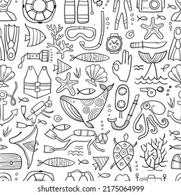 Scuba Diving, underwater activity. Summer vacation, marine life concept. Semless pattern background for your design