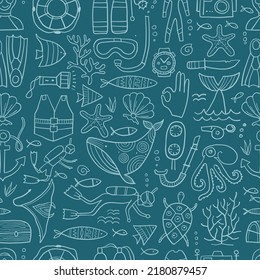 Scuba Diving, underwater activity. Summer vacation, marine life concept. Semless pattern background for your design