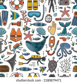 Scuba Diving, underwater activity. Summer vacation, marine life concept. Semless pattern background for your design