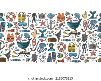 Scuba Diving, underwater activity. Summer vacation, marine life concept. Semless pattern background for your design