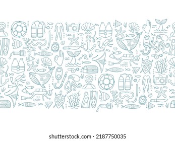 Scuba Diving, underwater activity. Summer vacation, marine life concept. Semless pattern background for your design