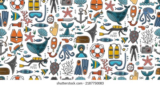 Scuba Diving, underwater activity. Summer vacation, marine life concept. Semless pattern background for your design