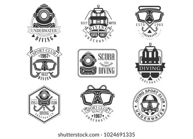 Scuba Diving Underwater Adventure Club Black And White Sign Design Templates With Text And Tools Silhouettes