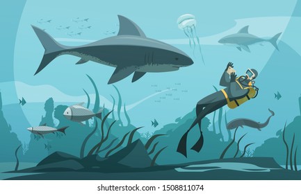 Scuba diving underwater adventures composition with person in wetsuit snorkel fins photographing shark comics style vector illustration  