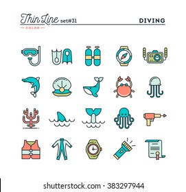 Scuba diving, underwater animals, equipment, certificate and more, thin line color icons set, vector illustration