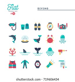 Scuba diving, underwater animals, equipment, certificate and more, flat icons set, vector illustration