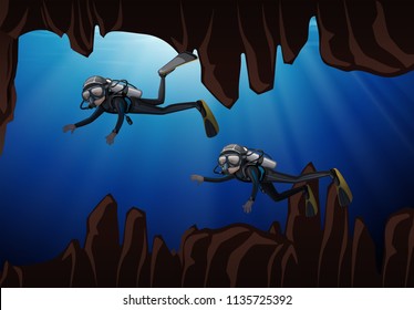 Scuba diving underwater cave illustration