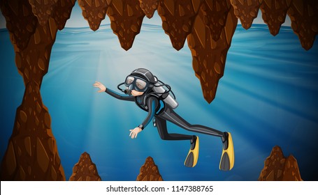 Scuba diving in underwater cave illustration