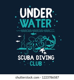 scuba diving underwater illustration vector t shirt printing, poster, banner, abstract design