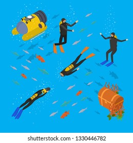 Scuba Diving Underwater Scenic Isometric View Include of Snorkel and Mask. Vector illustration of Sport Icon