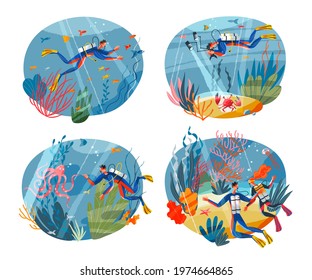 Scuba diving underwater set. Divers in ocean with fish, octopus, coral reefs, crab vector illustration. Marine life in water background. Man and woman swimming in suits with equipment.