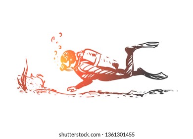 Scuba, diving, underwater, sport, sea concept. Hand drawn man diving with equipment underwater concept sketch. Isolated vector illustration.