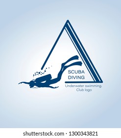 SCUBA DIVING. Underwater swimming. Emblem, club logo. Silhouette of a diver. Sport diving concept.