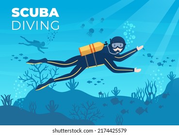 Scuba Diving with Underwater Swimming Equipment for Exploring Coral Reef, Sea Flora and Fauna or Fish in the Ocean in Flat Cartoon Vector Illustration