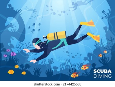 Scuba-Tauchen mit Unterwasserschwimmgeräten für die Erkundung von Korallenriff, Meeresflora und Fauna oder Fisch im Ozean in Flach-Cartoon-Vektorgrafik