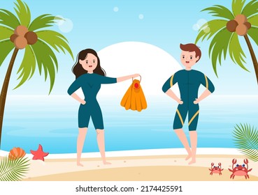 Scuba Diving with Underwater Swimming Equipment for Exploring Coral Reef, Sea Flora and Fauna or Fish in the Ocean in Flat Cartoon Vector Illustration