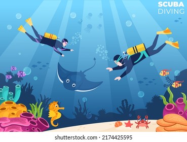 Scuba Diving with Underwater Swimming Equipment for Exploring Coral Reef, Sea Flora and Fauna or Fish in the Ocean in Flat Cartoon Vector Illustration