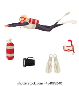 Scuba diving vector equipment, cartoon illustration isolated on white background. Diver and diving necessities goggles, oxygen tank flippers flashlight. Underwater sport scuba snorkeling equipment