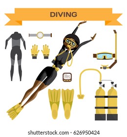 Scuba diving vector equipment. A young afro woman in gear dives. Vector flat cartoon illustration on a isolated background