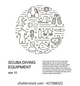 Scuba diving vector illustration, different equipment symbol, siut, bcd, helmet, computer, fins, boots, flashlight, console, tank, gloves, knife, mask, snorkel, regulator, float. Place for your text.