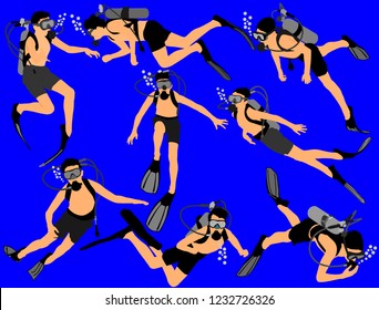 Scuba diving vector illustration isolated on blue background. Sport underwater, lake, sea, glove and flashlight, mask and snorkel. Diving school, Scuba school. Beach fun, fishing,swimming 