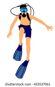 Scuba diving vector illustration isolated on white. Sport underwater, mask and snorkel. Diving scuba school. Fishing and swimming. Swimmer diver with equipment under the sea. Summer beach activity.