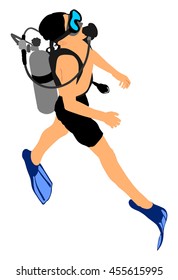 Scuba diving vector illustration isolated on white. Sport underwater, mask and snorkel. Diving scuba school. Fishing and swimming. Swimmer diver with equipment under the sea. Summer beach activity.