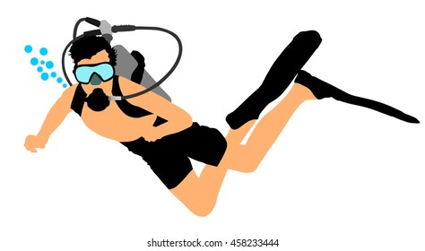 Scuba diving vector illustration isolated on white. Sport underwater, mask and snorkel. Diving scuba school. Fishing and swimming. Swimmer diver with equipment under the sea. Summer beach activity.