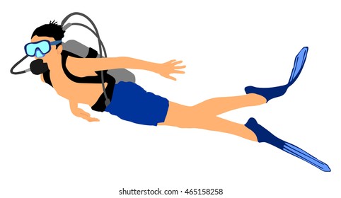 Scuba diving vector illustration isolated on white. Sport underwater, mask and snorkel. Diving scuba school. Fishing and swimming. Swimmer diver with equipment under the sea. Summer beach activity.