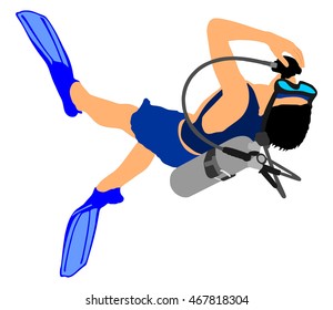 Scuba diving vector illustration isolated on white. Sport underwater, mask and snorkel. Diving scuba school. Fishing and swimming. Swimmer diver with equipment under the sea. Summer beach activity.