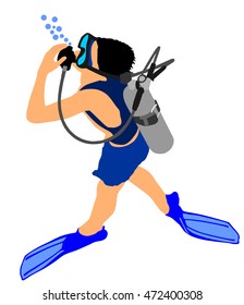 Scuba diving vector illustration isolated on white. Sport underwater, mask and snorkel. Diving scuba school. Fishing and swimming. Swimmer diver with equipment under the sea. Summer beach activity.