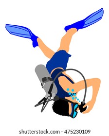 Scuba diving vector illustration isolated on white. Sport underwater, mask and snorkel. Diving scuba school. Fishing and swimming. Swimmer diver with equipment under the sea. Summer beach activity.
