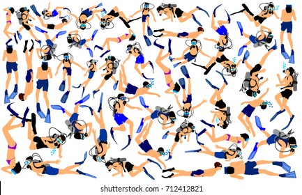 Scuba diving vector illustration isolated on white background.. Sport underwater, lake, sea, glove and flashlight, mask and snorkel. Diving school, Scuba school. Beach fun, fishing,swimming