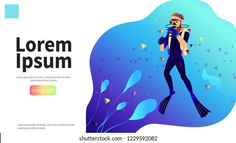 Scuba Diving vector illustration. A man wearing diving suit. Under the sea life. Water, ocean, sea, seaweeds, fish. Vector people characters - stock vector