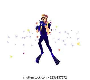Scuba Diving vector illustration. A man wearing diving suit. - stock vector