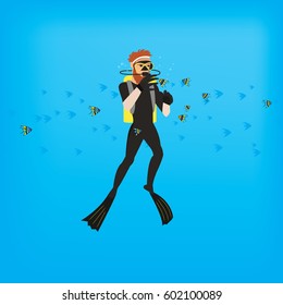 Scuba Diving vector illustration. A man wearing diving suit. - stock vector