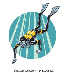Scuba diving vector illustration. Swimming diver in wetsuit, mask, flippers and equipment for breathing on back. Extreme water sport.