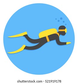 Scuba diving vector illustration. Swimming diver on blue background.