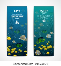 Scuba diving vertical banner set with fishes underwater isolated vector illustration