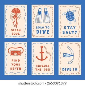 Scuba Diving Vintage Poster Set. Hand drawn Marine Life Activity Banners collection in retro sketch style. Sea Ocean Playful Travel Vacation Phrase and Quote Lettering. Vector illustration