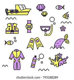 Scuba diving violet yellow icons set. Sea ocean outdoor activity