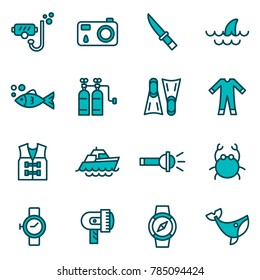 Scuba diving and water activities icons. Spearfishing equipment, mask tube, flippers, swim suit, etc.