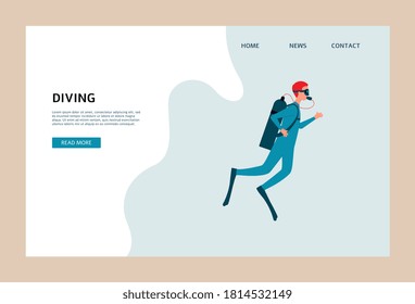 Scuba diving website banner with cartoon man swimming underwater in diver suit and gear. Vector illustration of water sport athlete on homepage template.