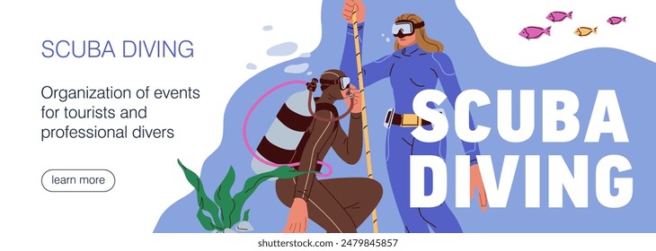 Scuba diving, web-site banner design. Divers club, underwater undersea marine sport school, website background, template. Online promotion page, advertising webpage. Flat vector illustration